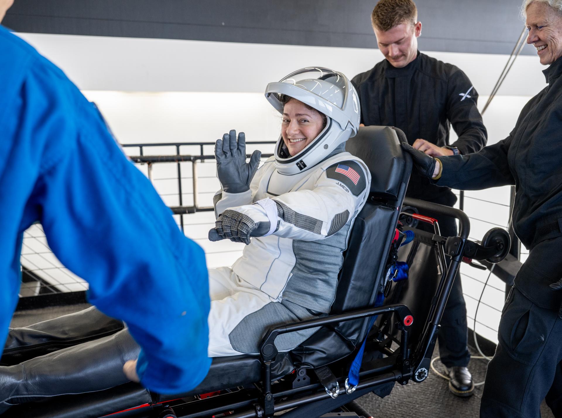 NASA astronaut Jessica Meir is helped out of the SpaceX Dragon Freedom spacecraft onboard the SpaceX recovery ship SHANNON after she, NASA astronaut Jack Hathaway, ESA (European Space Agency) astronaut Sophie Adenot, and Roscosmos cosmonaut Andrey Fedyaev landed in the Pacific Ocean off the coast of Los Angeles, Calif., Thursday, Oct. 8, 2026. Meir, Hathaway, Adenot, and Fedyaev are returning after seven-months in space as part of Expedition 74 aboard the International Space Station. Photo Credit: (NASA/Keegan Barber)