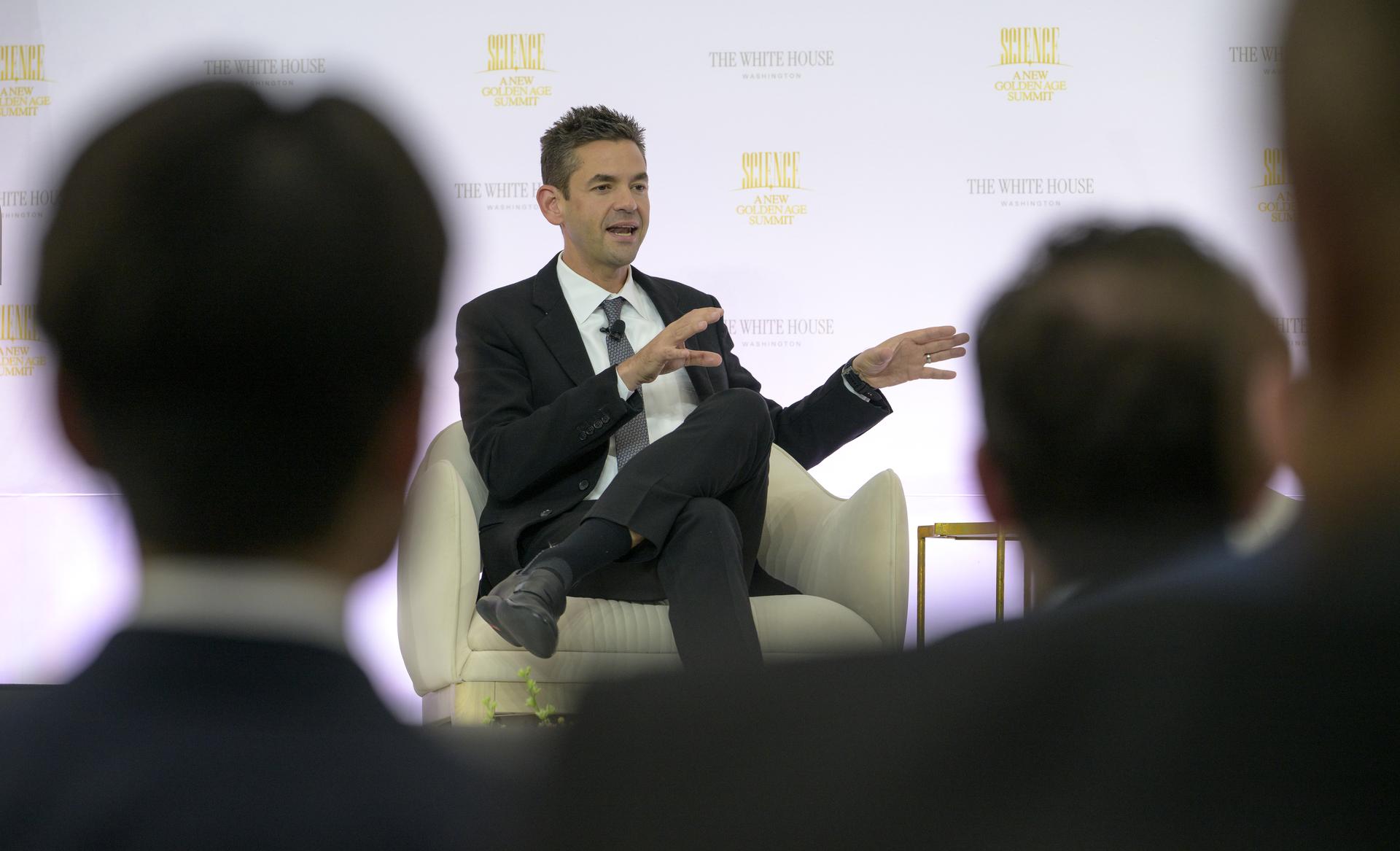 NASA Administrator Jared Isaacman, participates in a fireside chat with Director of the White House Office of Science and Technology Policy (OSTP) Michael Kratsios during the Golden Age Summit, Thursday, Oct. 8, 2026, at the Donald J. Trump Institute of Peace in Washington. Photo Credit: (NASA/Bill Ingalls)