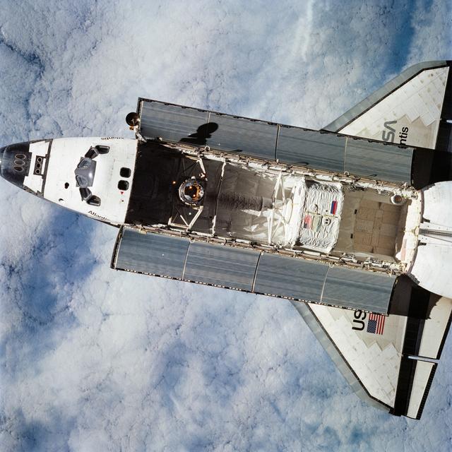 NASA image: View of Space Shuttle Atlantis during approach and docking to Mir Space Station