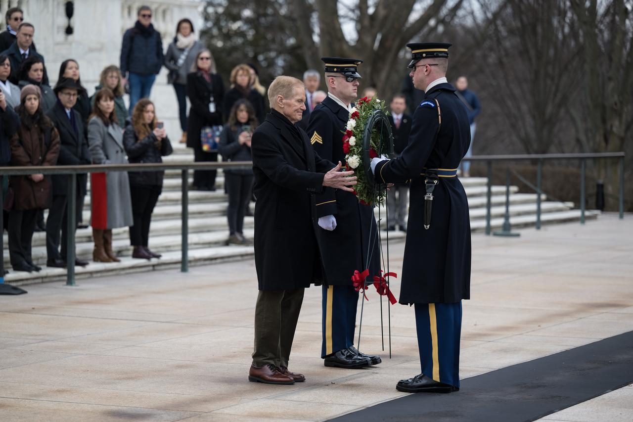 NASA Administrator Bill Nelson lays a wreath at the Tomb of the Unknowns as part of NASA's Day of Remembrance, Thursday, Jan. 26, 2023, at Arlington National Cemetery in Arlington, Va. The wreaths were laid in memory of those men and women who lost their lives in the quest for space exploration. Photo Credit: (NASA/Aubrey Gemignani)