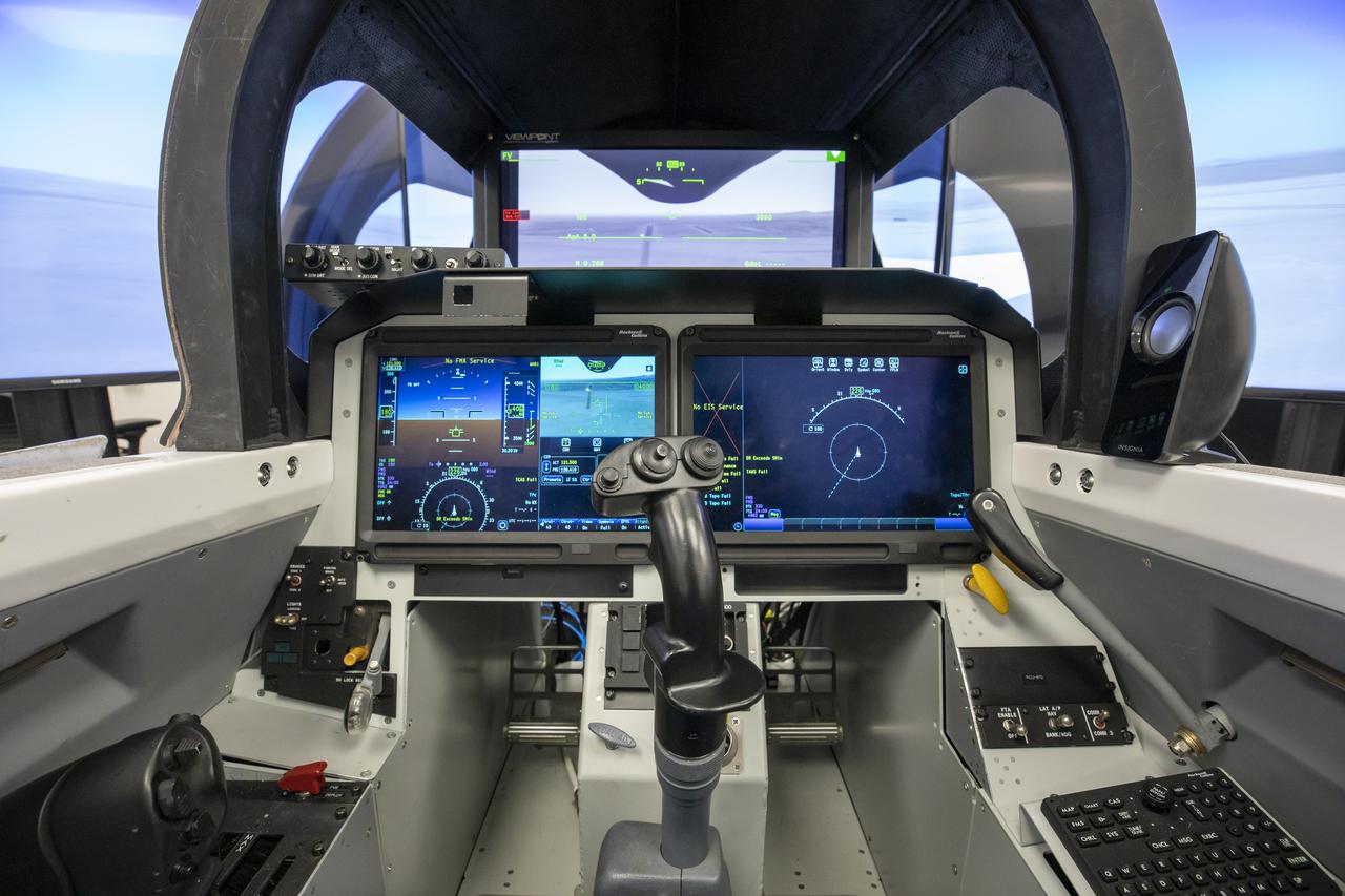 This image shows a close up of the cockpit view of the eXternal Vision System that will be placed in the X-59. Instead of a front facing window, the pilot will use these monitors for forward facing visibility.  Lockheed Martin Photography By Garry Tice 1011 Lockheed Way, Palmdale, Ca. 93599 Event: X-59 SIL Round 2 Date: 6/10/2021