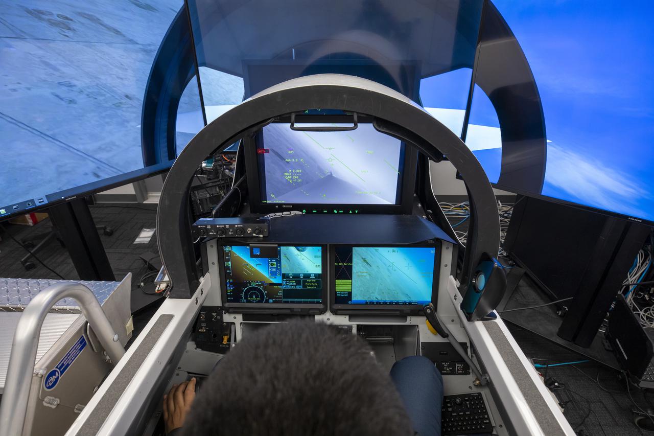 This image shows a close up of the cockpit view of the eXternal Vision System that will be placed in the X-59. Instead of a front facing window, the pilot will use these monitors for forward facing visibility.  Lockheed Martin Photography By Garry Tice 1011 Lockheed Way, Palmdale, Ca. 93599 Event: X-59 SIL Round 2 Date: 6/10/2021