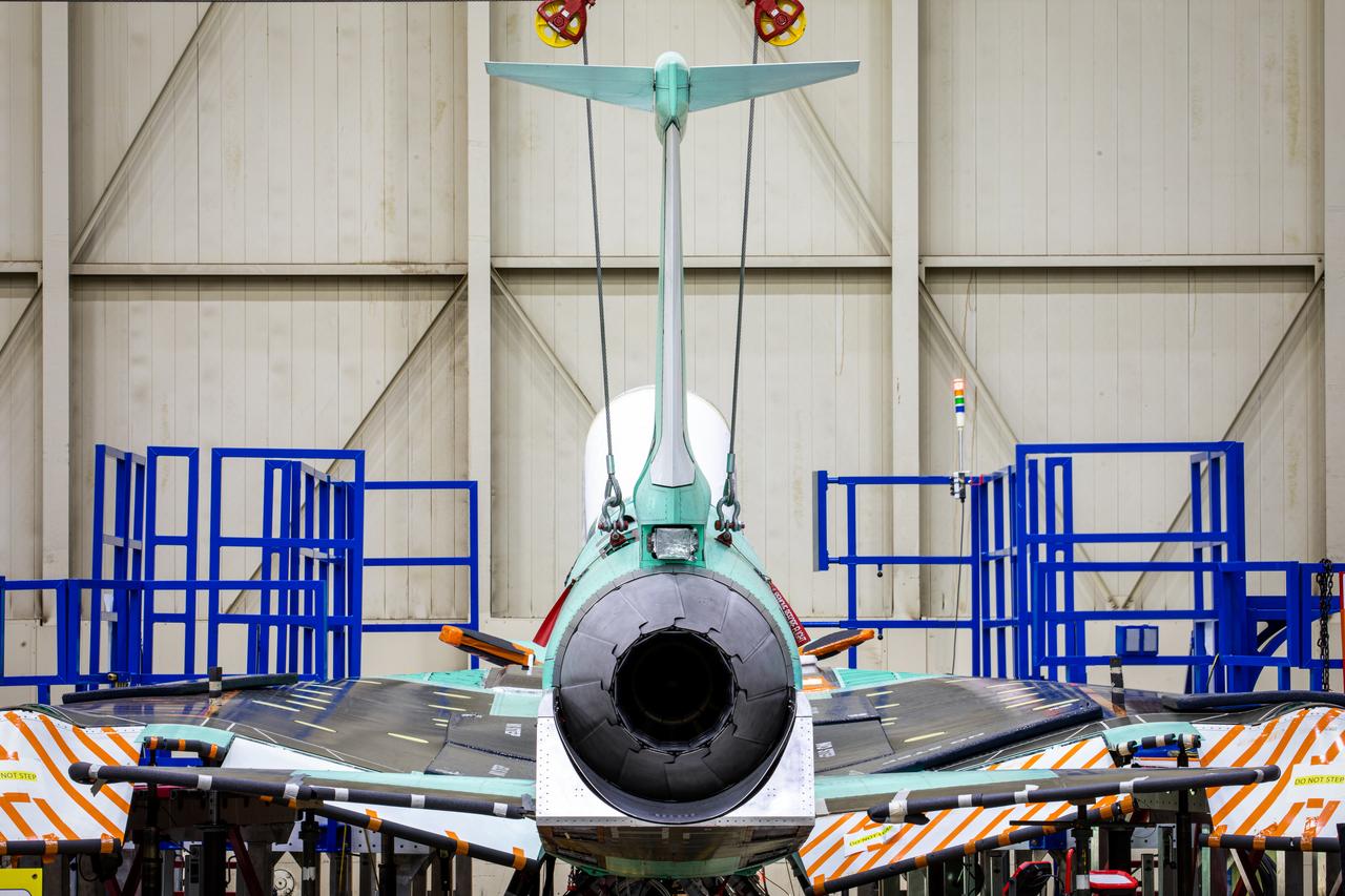 A perfectly framed up rearview shot of NASA’s X-59 tail after its recent installation of the lower empennage, or tail section, in late March at Lockheed Martin Skunk Works in Palmdale, California.