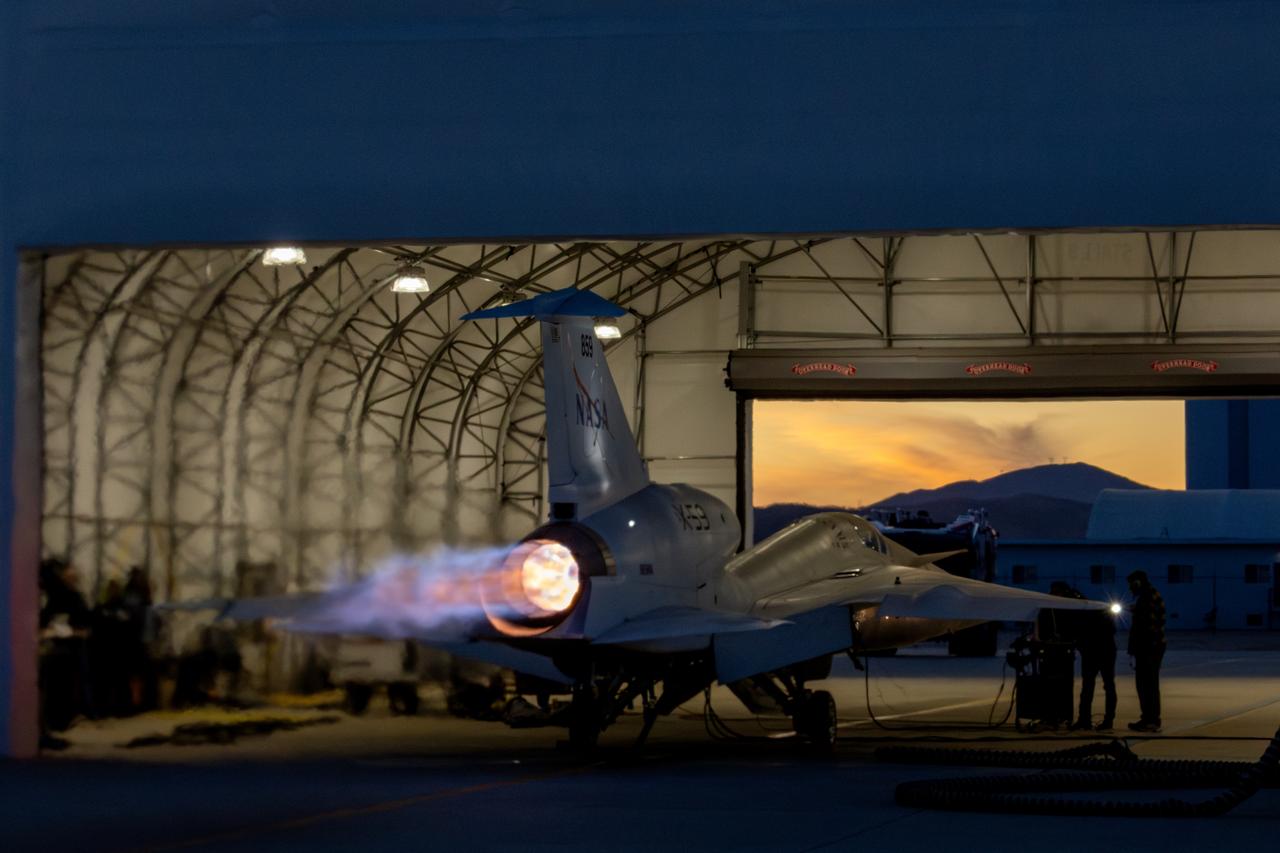 NASA’s X-59 lights up the night sky with its unique Mach diamonds, also known as shock diamonds, during maximum afterburner testing at Lockheed Martin Skunk Works in Palmdale, California. The test demonstrates the engine’s ability to generate the thrust required for supersonic flight, advancing NASA’s Quesst mission.