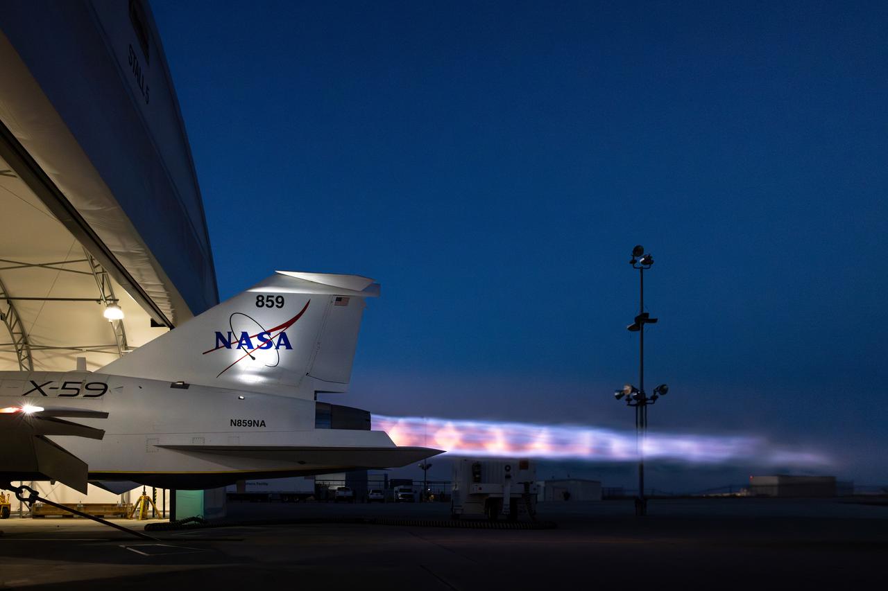 NASA’s X-59 lights up the night sky with its unique Mach diamonds, also known as shock diamonds, during maximum afterburner testing at Lockheed Martin Skunk Works in Palmdale, California. The test demonstrates the engine’s ability to generate the thrust required for supersonic flight, advancing NASA’s Quesst mission.
