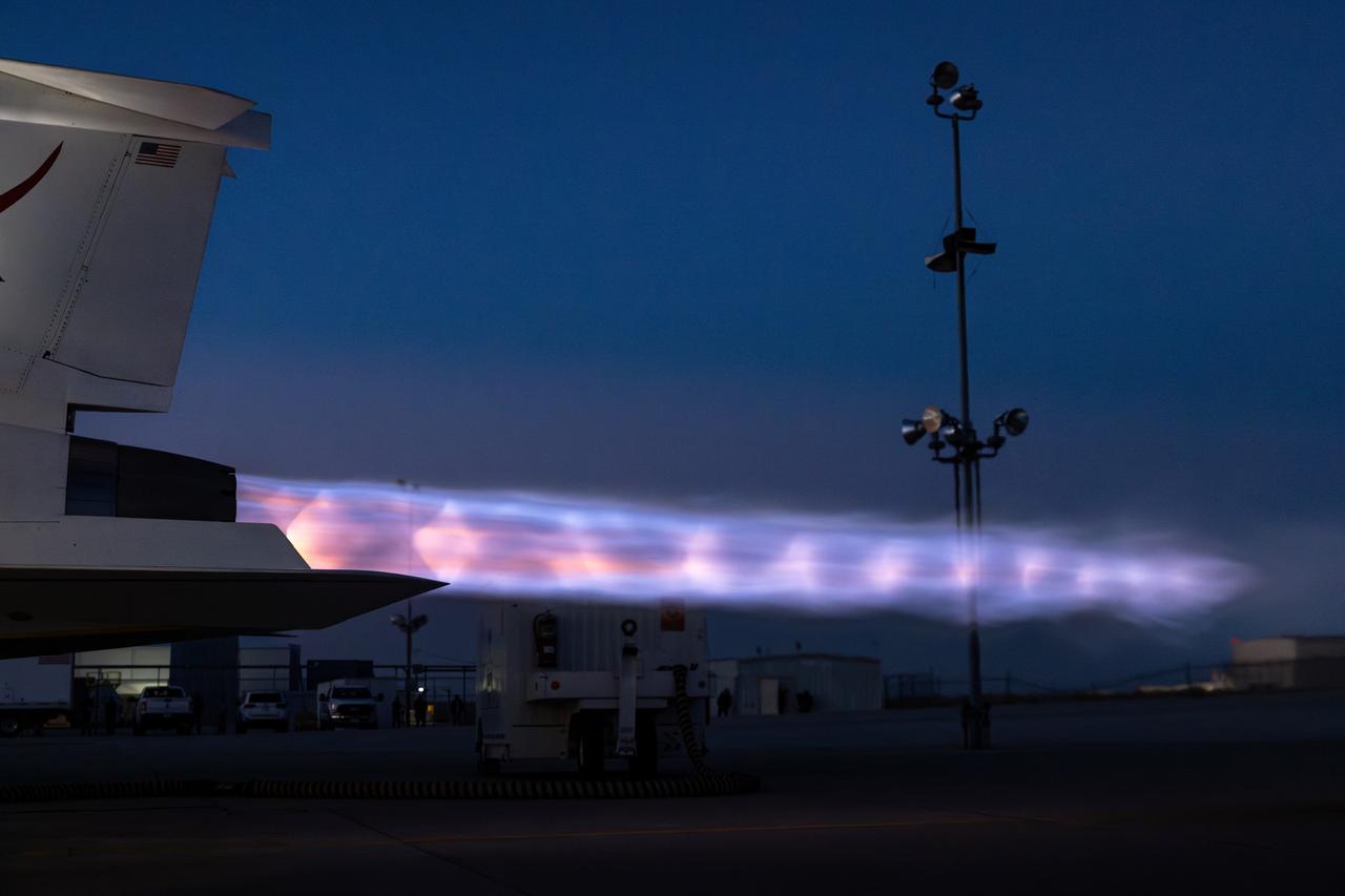 NASA’s X-59 lights up the night sky with its unique Mach diamonds, also known as shock diamonds, during maximum afterburner testing at Lockheed Martin Skunk Works in Palmdale, California. The test demonstrates the engine’s ability to generate the thrust required for supersonic flight, advancing NASA’s Quesst mission.