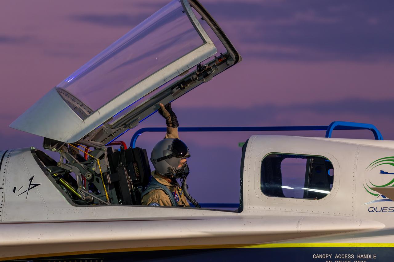 NASA test pilot Nils Larson lowers the canopy of the X-59 quiet supersonic research aircraft during ground tests at Lockheed Martin’s Skunk Works facility in Palmdale, California, on July 18, 2025. The X-59 is the centerpiece of NASA’s Quesst mission to demonstrate quiet supersonic flight and the aircraft is scheduled to make its first flight later this year.