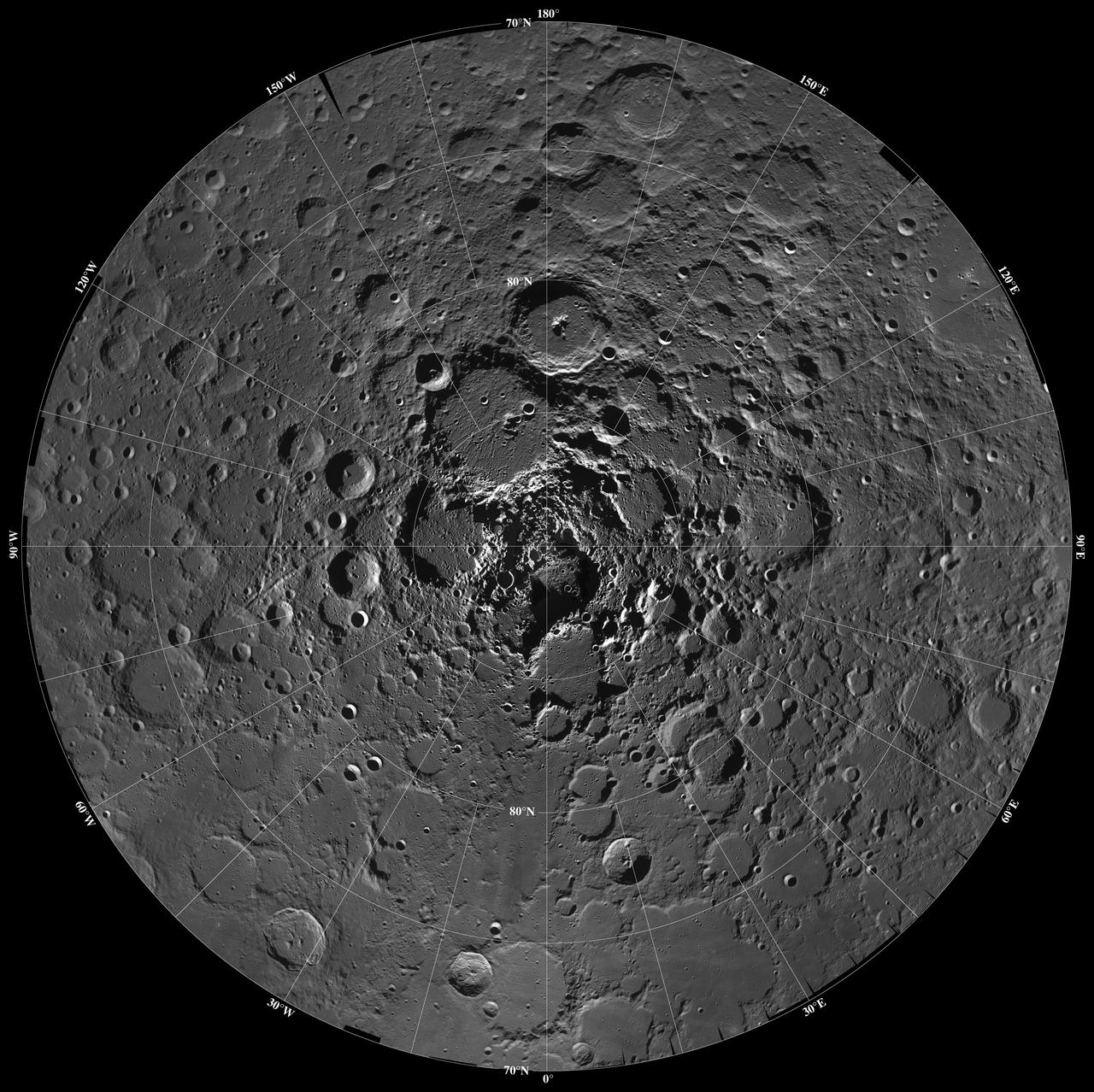 Lunar mosaic of ~1500 Clementine images of the north polar region of the moon. The projection is orthographic centered on the north pole. The polar regions of the moon are of special interest because of the postulated occurrence of ice in permanently shadowed areas. The north pole of the moon is absent of the very rugged terrain seen at the south pole.  http://photojournal.jpl.nasa.gov/catalog/PIA00002