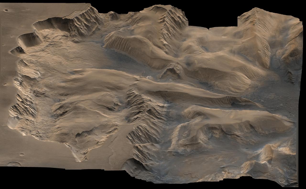 An oblique, color image of central Valles Marineris, Mars showing relief of Ophir and Candor Chasmata; view toward east. The photograph is a composite of Viking high-resolution images in black and white and low-resolution images in color. Ophir Chasma on the north (left side) is approximately 300 km across and as deep as 10 km. The connected chasma or valleys of Valles Marineris may have formed from a combination of erosional collapse and structural activity. Tongues of interior layered deposits on the floor of the chasmata can be observed as well as young landslide material along the base of Ophir Chasma's north wall.   http://photojournal.jpl.nasa.gov/catalog/PIA00006