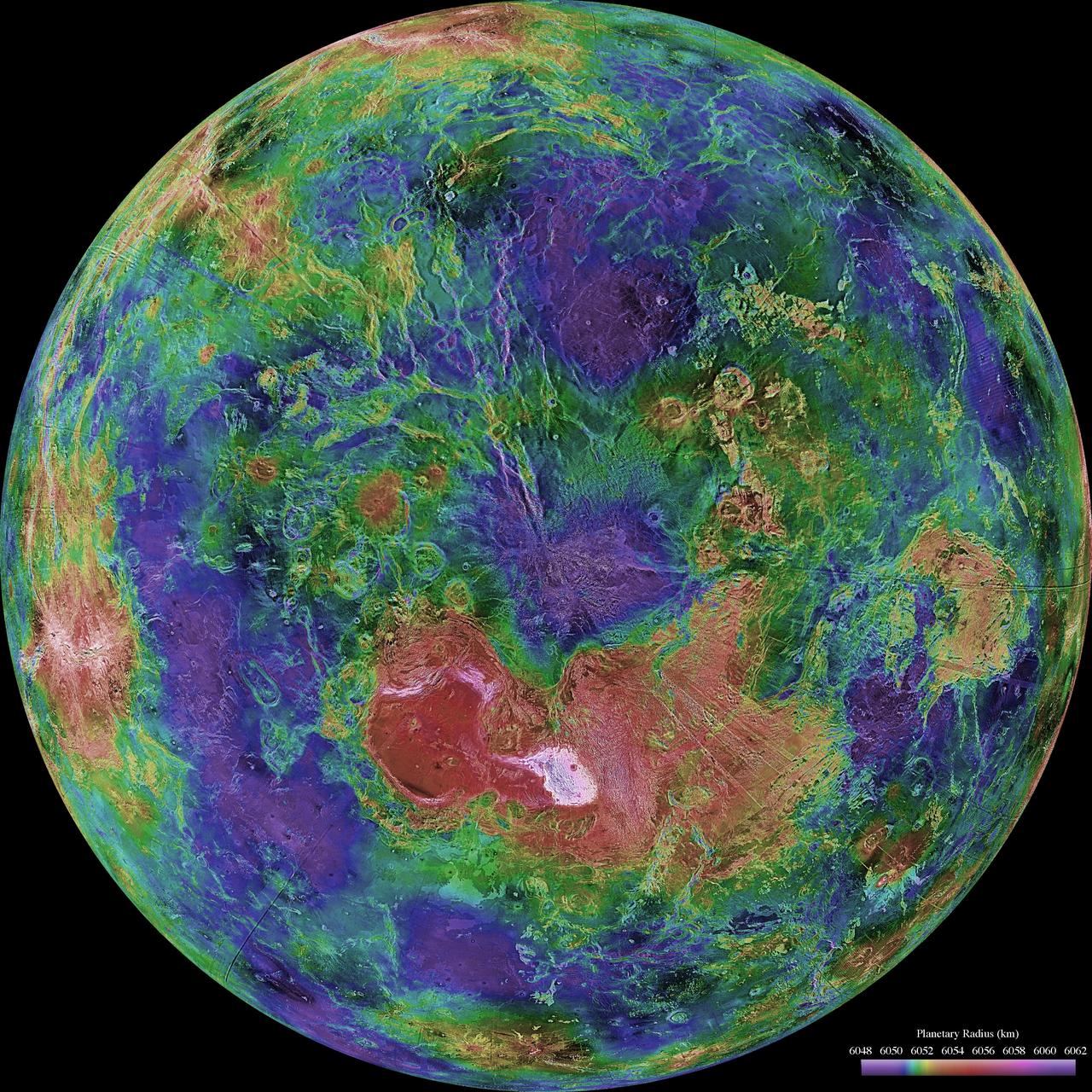 The hemispheric view of Venus, as revealed by more than a decade of radar investigations culminating in the 1990-1994 Magellan mission, is centered on the North Pole. The Magellan spacecraft imaged more than 98% of Venus at a resolution of about 100 meters; the effective resolution of this image is about 3 km. A mosaic of the Magellan images (most with illumination from the west) forms the image base. Gaps in the Magellan coverage were filled with images from the Earth-based Arecibo radar in a region centered roughly on 0 degree latitude and longitude, and with a neutral tone elsewhere (primarily near the south pole). The composite image was processed to improve contrast and to emphasize small features, and was color-coded to represent elevation. Gaps in the elevation data from the Magellan radar altimeter were filled with altimetry from the Venera spacecraft and the U.S. Pioneer Venus missions. An orthographic projection was used, simulating a distant view of one hemisphere of the planet. The Magellan mission was managed for NASA by Jet Propulsion Laboratory (JPL), Pasadena, CA. Data processed by JPL, the Massachusetts Institute of Technology, Cambridge, MA, and the U.S. Geological Survey, Flagstaff, AZ.  http://photojournal.jpl.nasa.gov/catalog/PIA00007