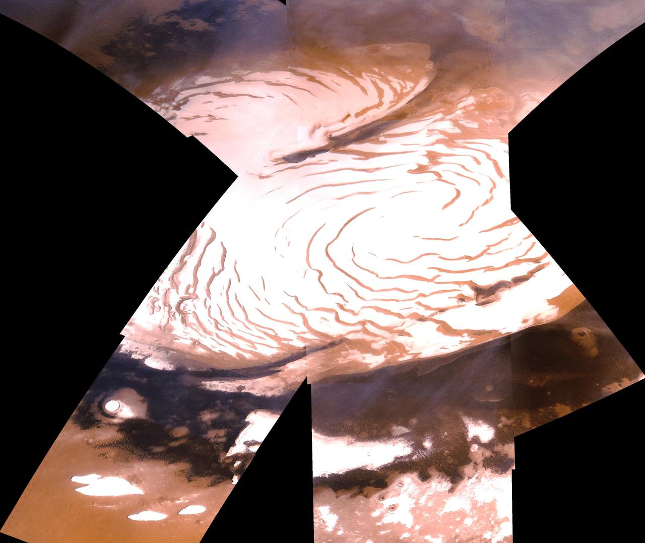 Shown here is an oblique view of the polar region, as seen with NASA Viking 1 spacecraft orbiting Mars over latitude 39 degrees north.  http://photojournal.jpl.nasa.gov/catalog/PIA00009