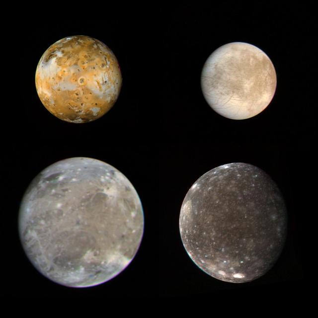 These photos of the four Galilean satellites of Jupiter were taken by NASA Voyager 1 during its approach to the planet in early March 1979. Io, Europa, Ganymede, and Callisto are shown in their correct relative sizes. http://photojournal.jpl.nasa.gov/catalog/PIA00012