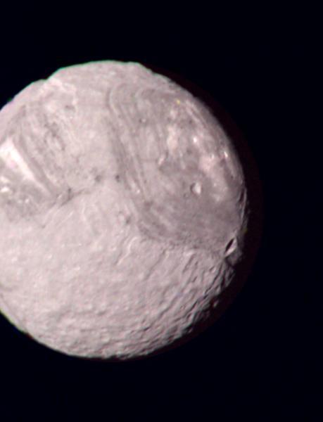 This color composite of the Uranian satellite Miranda was taken by NASA Voyager 2 on January 24, 1986. Miranda, just 480 km 300 mi across, is the smallest of Uranus five major satellites.  http://photojournal.jpl.nasa.gov/catalog/PIA00042