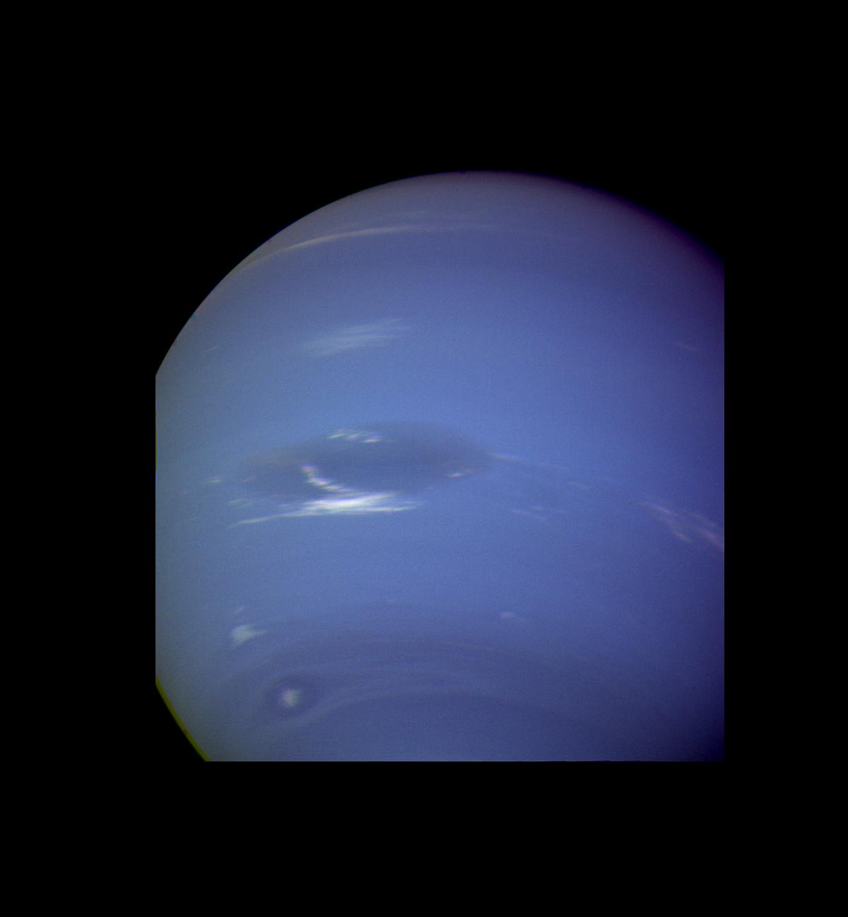 This image of clouds in Neptune atmosphere is the first that tests the accuracy of the weather forecast that was made eight days earlier to select targets for NASA Voyager narrow angle camera.