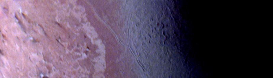 Voyager violet, green, and ultraviolet images of Triton were map projected into cylindrical coordinates and combined to produce this false color terrain map. Several compositionally distinct terrain and geologic features are portrayed. At center is a gray blue unit referred to as 'cantaloupe' terrain because of its unusual topographic texture. The unit appears to predate other units to the left. Immediately adjacent to the cantaloupe terrain, is a smoother unit, represented by a reddish color, that has been dissected by a prominent fault system. This unit apparently overlies a much higher albedo material, seen farther left. A prominent angular albedo boundary separates relatively undisturbed smooth terrain from irregular patches which have been derived from breakup of the same material. Also visible at the far left are diffuse, elongated streaks, which seem to emanate from circular, often bright centered features. The parallel streaks may represent vented particulate materials blown in the same direction by winds in Triton's thin atmosphere. The Voyager Mission was conducted by JPL for NASA's Office of Space Science and Applications.   http://photojournal.jpl.nasa.gov/catalog/PIA00060