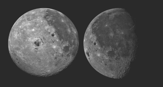 These pictures of the Moon were taken by NASA Galileo spacecraft at right photo Dec.8, 1990 from a distance of almost 220,000 miles, and at left photo Dec. 9, 1990 at a range of more than 350,000 miles. http://photojournal.jpl.nasa.gov/catalog/PIA00077