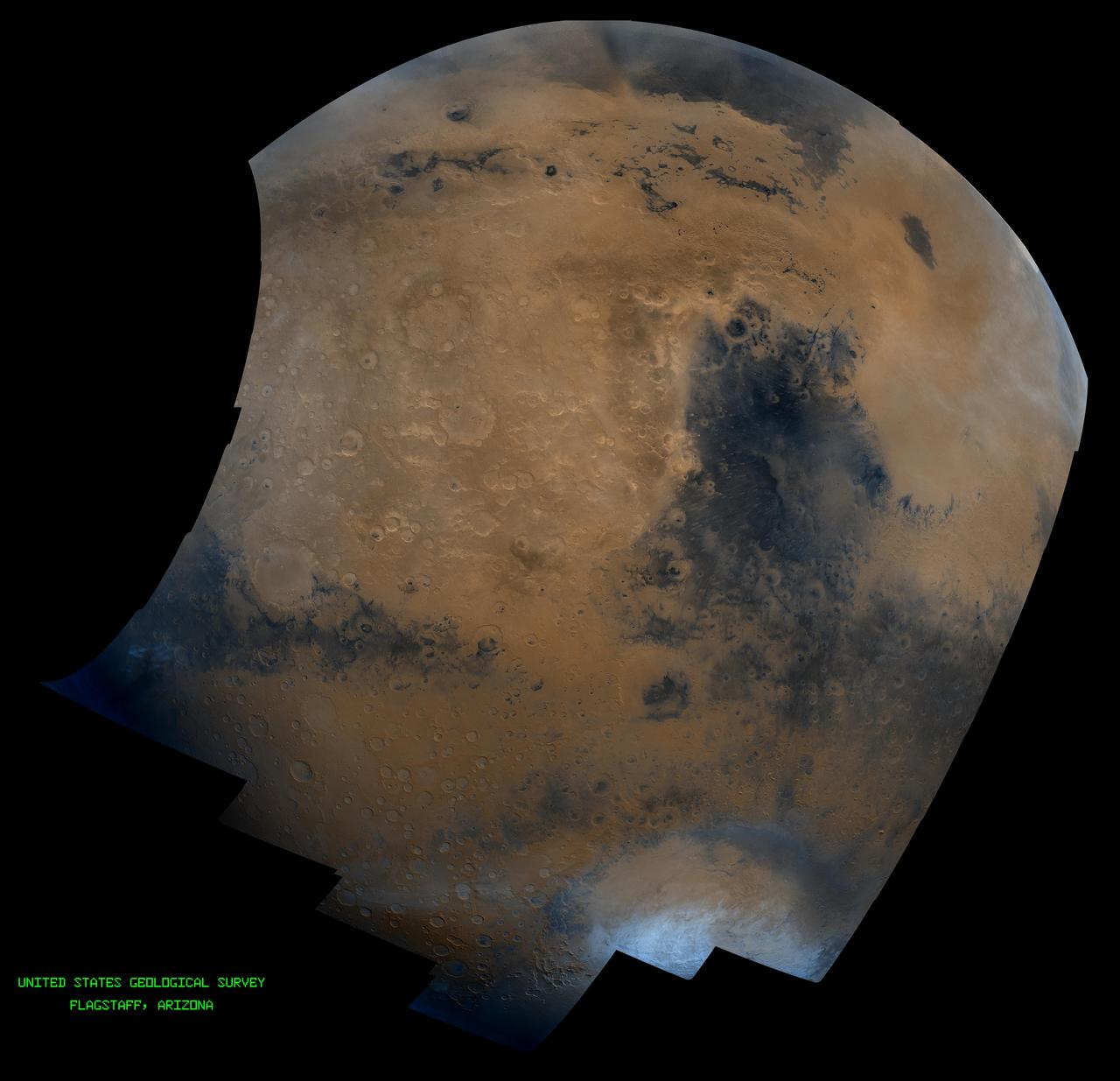 This mosaic of Syrtis Major is composed of about 100 red- and violet- filter NASA's Viking Orbiter images, digitally mosaiced in an orthographic projection at a scale of 1 km/pixel. http://photojournal.jpl.nasa.gov/catalog/PIA00092