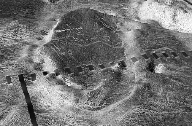 This view from NASA's Magellan spacecraft is a close-up of Atete Corona, a 600-km-long and 450-km-wide feature at latitude 16 degrees S., longitude 244 degrees; looking north.  http://photojournal.jpl.nasa.gov/catalog/PIA00097