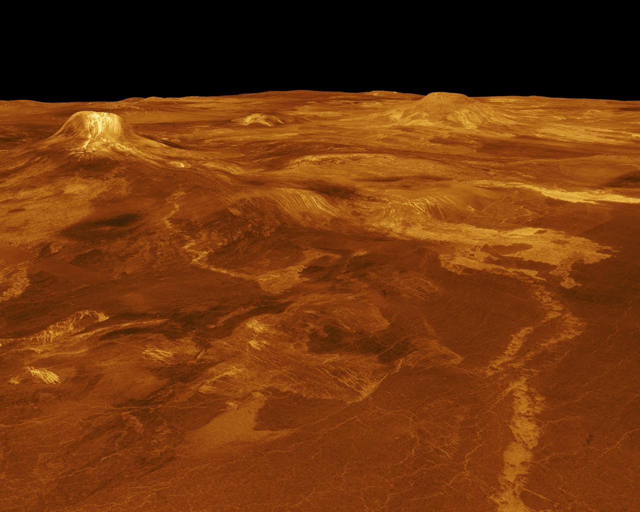 A portion of western Eistla Regio is displayed in this three-dimensional perspective view from NASA's Magellan spacecraft of the surface of Venus. http://photojournal.jpl.nasa.gov/catalog/PIA00102