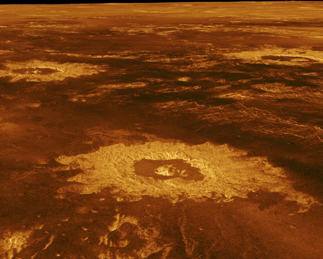 Three impact craters are displayed in this three-dimensional perspective view from NASA's Magellan spacecraft of the surface of Venus. The center of the image is located in the northwestern portion of Lavinia Planitia. http://photojournal.jpl.nasa.gov/catalog/PIA00103