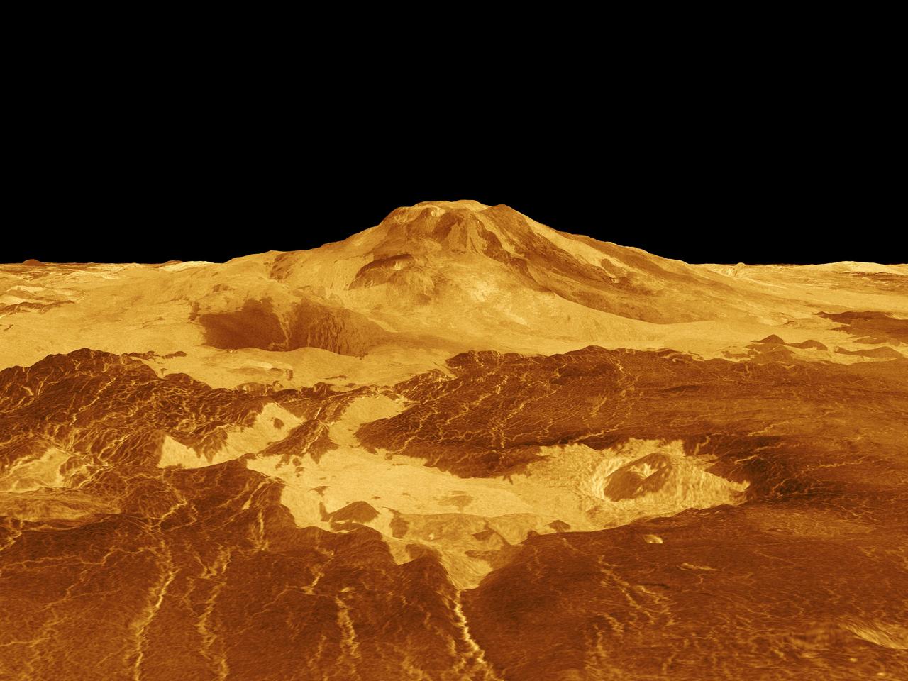 Maat Mons is displayed in this computer generated three-dimensional perspective of the surface of Venus. This NASA's Magellan image was released on April 22, 1992. http://photojournal.jpl.nasa.gov/catalog/PIA00106