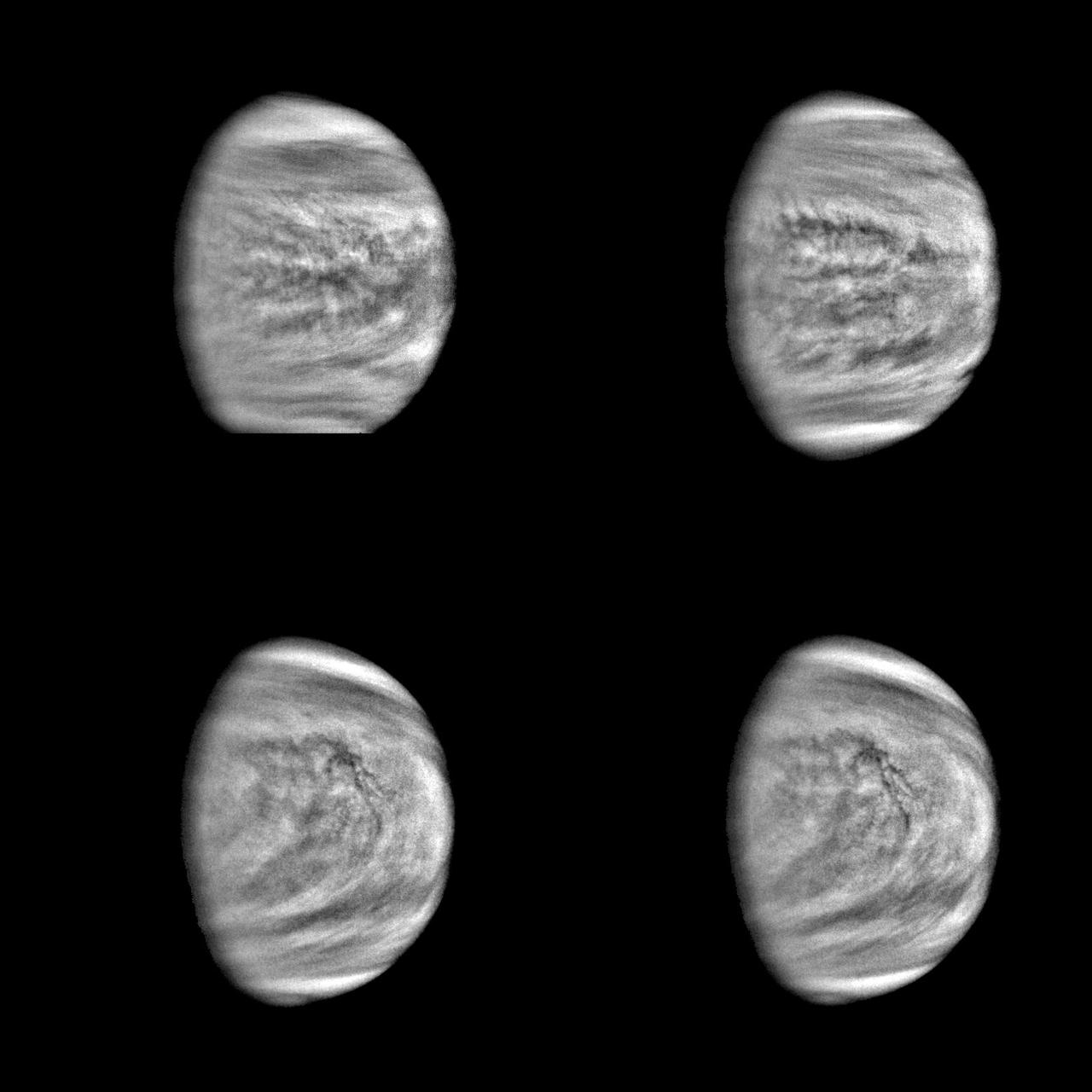 These are enhanced versions of four views of the planet Venus taken by NASA's Galileo Solid State Imaging System at distances ranging from 1.4 to 2 million miles as the spacecraft receded from Venus.  http://photojournal.jpl.nasa.gov/catalog/PIA00110