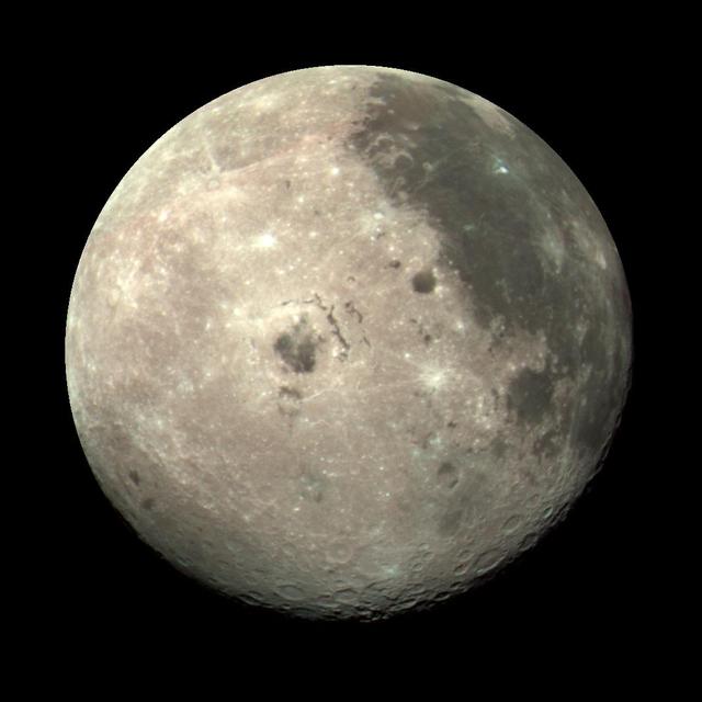 This color image of the Moon was taken by NASA's Galileo spacecraft at 9:35 a.m. PST Dec. 9, 1990, at a range of about 350,000 miles. The concentric, circular Orientale basin, is near the center; the nearside is to the right, the far side to the left.  http://photojournal.jpl.nasa.gov/catalog/PIA00113