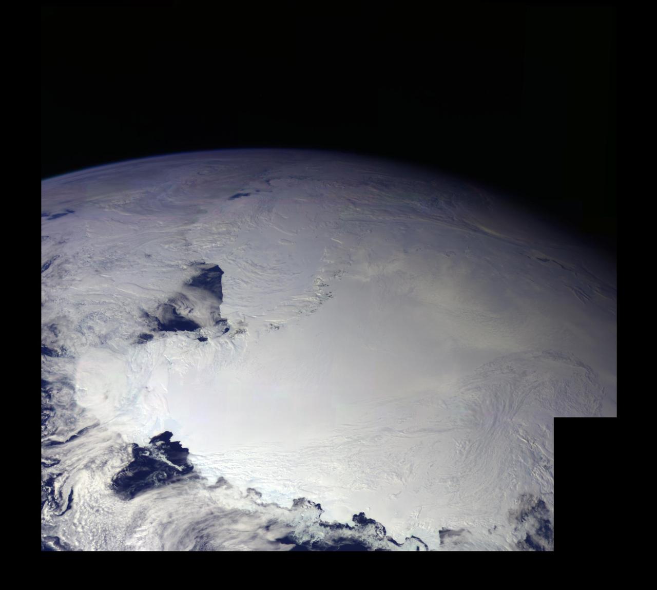 This color picture of Antarctica is one part of a mosaic of pictures covering the entire Antarctic continent taken during the hours following NASA's Galileo historic first encounter with its home planet.  http://photojournal.jpl.nasa.gov/catalog/PIA00117