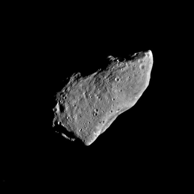This picture of asteroid 951 Gaspra is a mosaic of two images taken by NASA's Galileo spacecraft from a range of 5,300 kilometers 3,300 miles, some 10 minutes before closest approach on October 29, 1991.  http://photojournal.jpl.nasa.gov/catalog/PIA00118