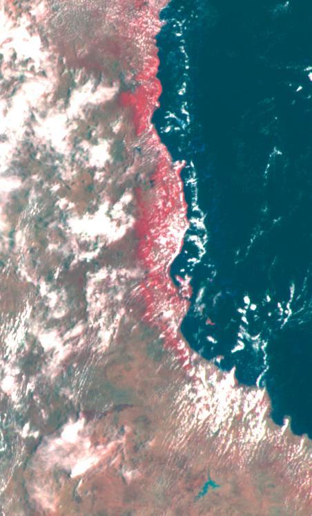 This false color image of the Eastern Coast of Australia was obtained by NASA’s Galileo spacecraft at about 3:00 p.m. PST, Dec. 8, 1990, at a range of more than 35,000 miles.  http://photojournal.jpl.nasa.gov/catalog/PIA00121