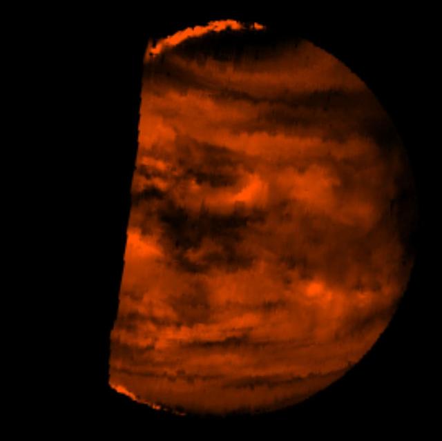 This false-color image is a near-infrared map of lower-level clouds on the night side of Venus, obtained by NASA Galileo spacecraft as it approached the planet night side on Feb. 10, 1990. http://photojournal.jpl.nasa.gov/catalog/PIA00124