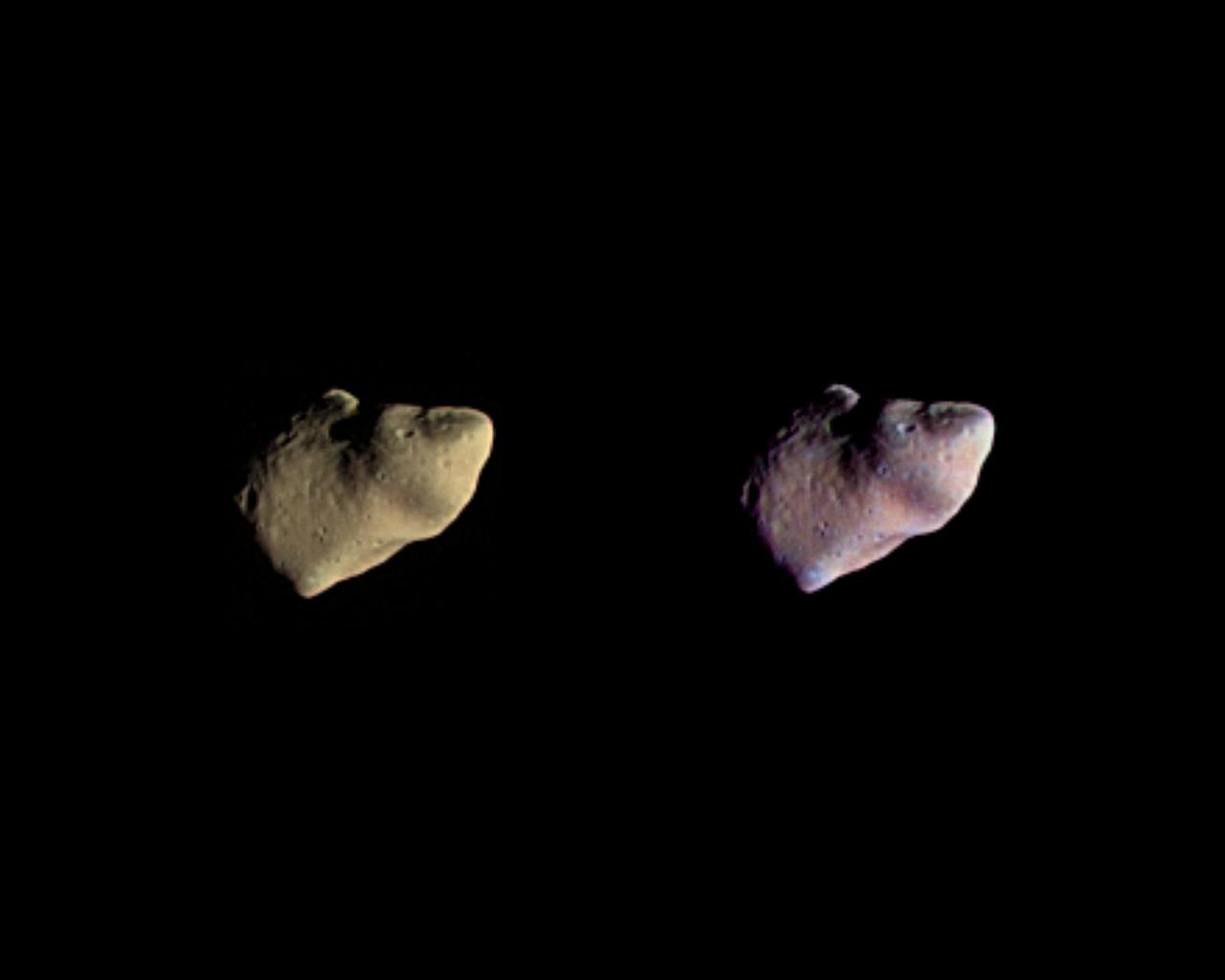 These two color views of the asteroid Gaspra were produced by combining three images taken through violet, green, and infrared filters by NASA's Galileo spacecraft on October 29, 1991. http://photojournal.jpl.nasa.gov/catalog/PIA00125