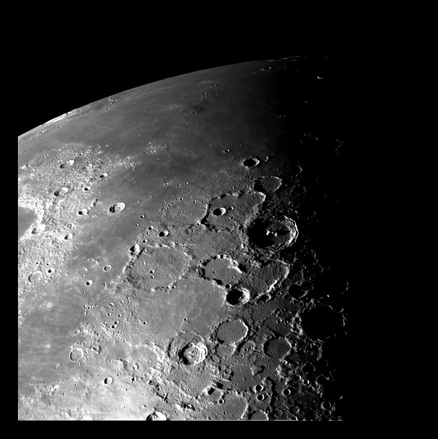 This view of the north polar region of the Moon was obtained by NASA Galileo camera during the spacecraft flyby of the Earth-Moon system on December 7 and 8, 1992.