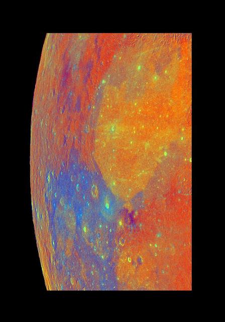 This false-color mosaic of part of the Moon was constructed from 54 images taken by the imaging system aboard NASA's Galileo as the spacecraft flew past the Moon on December 7, 1992.  http://photojournal.jpl.nasa.gov/catalog/PIA00129