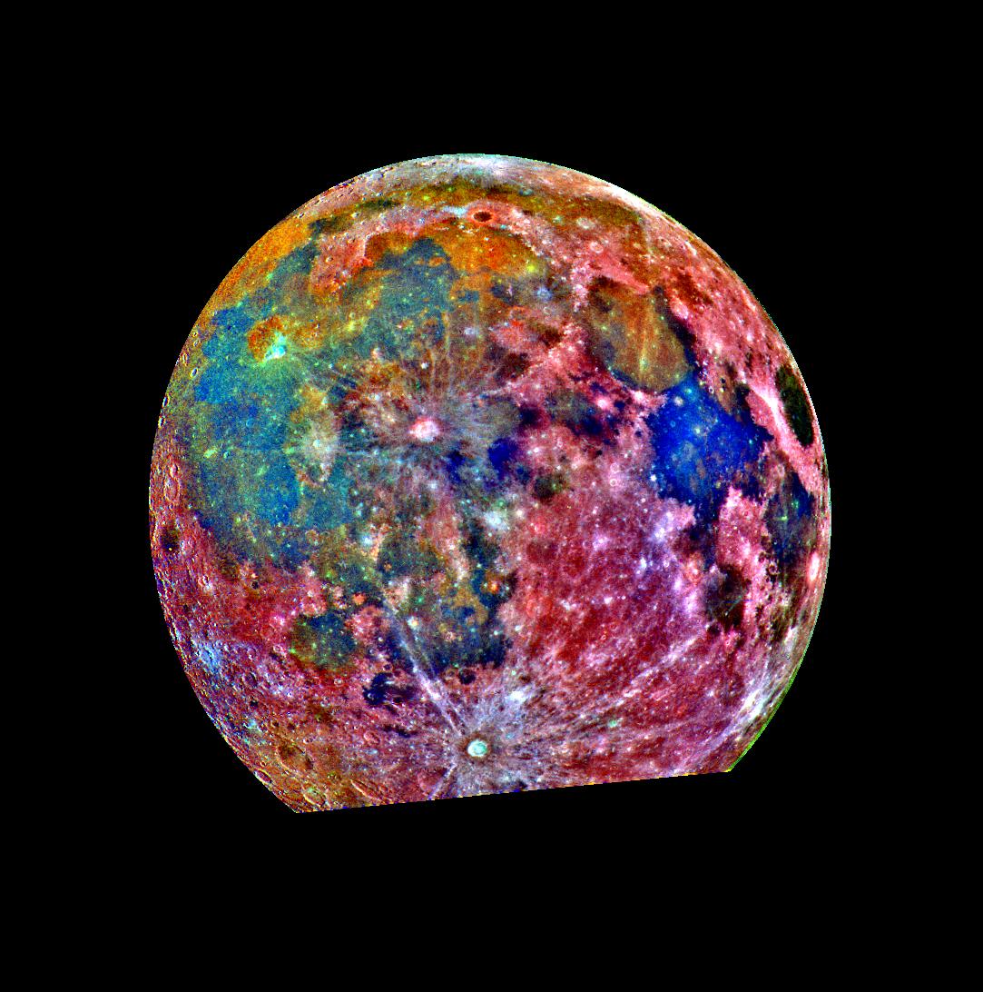 This false-color photograph is a composite of 15 images of the Moon taken through three color filters NASA Galileo solid-state imaging system during the spacecraft passage through the Earth-Moon system on December 8, 1992.
