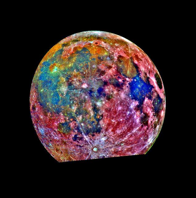 This false-color photograph is a composite of 15 images of the Moon taken through three color filters NASA's Galileo solid-state imaging system during the spacecraft passage through the Earth-Moon system on December 8, 1992.  http://photojournal.jpl.nasa.gov/catalog/PIA00132