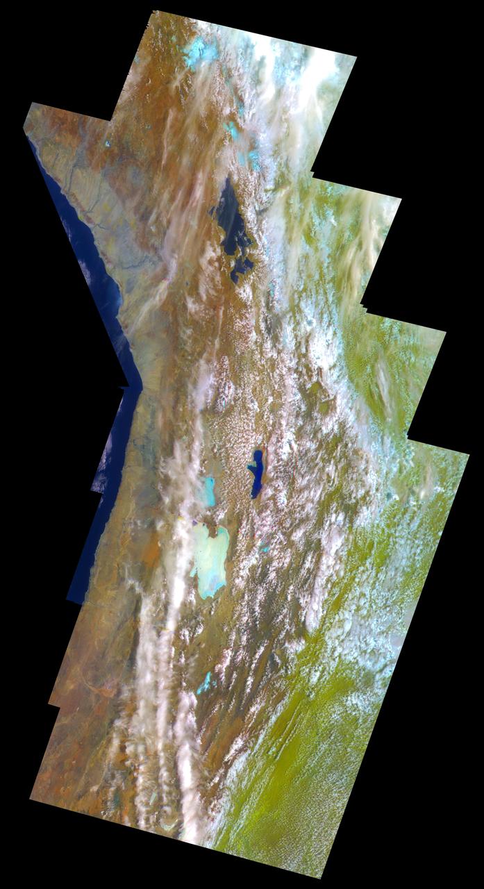This false-color mosaic of the central part of the Andes mountains of South America 70 degrees w. longitude, 19 degrees s. latitude is made up of 42 images acquired by NASA’s Galileo spacecraft from an altitude of about 25,000 kilometers 15,000 miles.  http://photojournal.jpl.nasa.gov/catalog/PIA00133