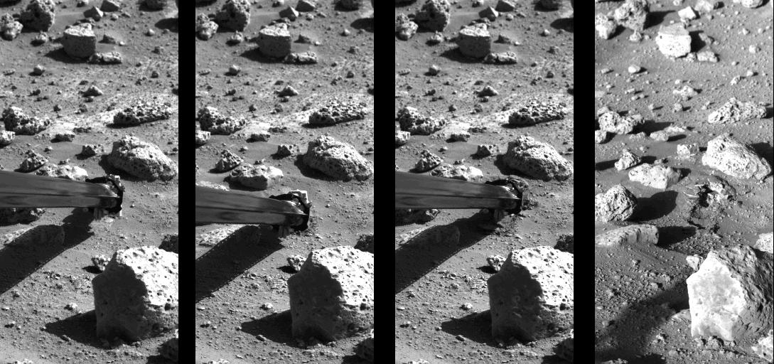 Operation of the surface sampler in obtaining Martian soil for NASA Viking 2 molecular analysis experiment. Dubbed Bonneville Salt Flats, the exposure of thin crust appeared unique in contrast with surrounding materials.