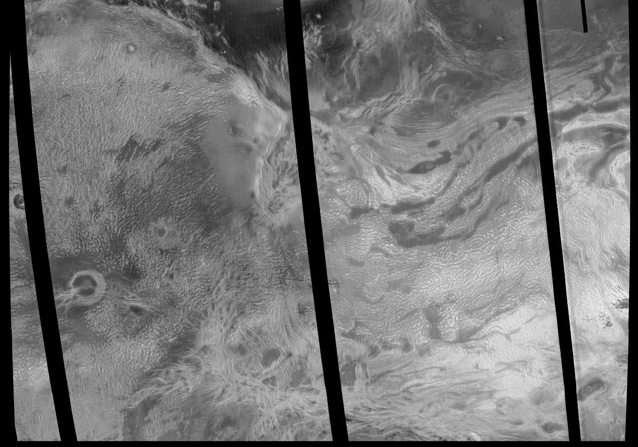This image covers much of Ovda Regio, which forms the western part of Aphrodite Terra. It covers an area about 2,250 kilometers (1,386 miles) wide by 1,300 kilometers (800 miles) north to south, and ranges in latitude from 8 degrees north to 12 degrees south and in longitude from 62 degrees east to 90 degrees east. Ovda Regio is a highland region that rises over 4 kilometers (2.5 miles) above the surrounding plain. Magellan images show a complex surface, with several generations of structures. A pervasive fabric of irregular broad domes and ridges and associated curvilinear valleys was flooded by lava, then fractured. The circular feature surrounded by dark lava flows in the western part of the image is a caldera, or large volcanic collapse pit. Late-stage extension created long graben, or fault-bounded valleys, is best seen near the center of the image. The northern boundary of Ovda Regio is a steep, curvilinear mountain belt made up of long, narrow, rounded ridges. These ridges are similar in appearance to folded mountain belts on Earth. Several impact craters, such as the circular features on the western margin of the image, are scattered across the area. The bright area in the southeast part of the image indicates the presence of a radar-reflective mineral such as pyrite. Most of the highland areas on Venus display a similar bright signal. Each pixel of this image covers an area on the surface 675 meters (2,215 feet) across, representing a 9- times reduction in resolution compared to full-scale resolution data. http://photojournal.jpl.nasa.gov/catalog/PIA00146