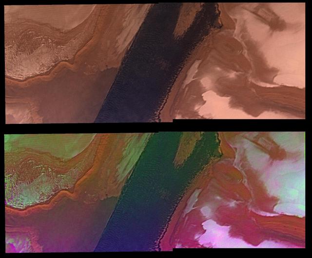 NASA image: North Polar Cap Margin natural color top and enhanced color bottom