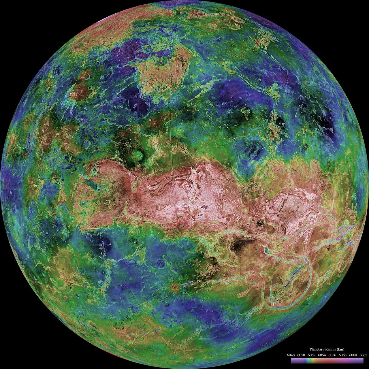 The hemispheric view of Venus, as revealed by more than a decade of radar investigations culminating in NASA's 1990-1994 Magellan mission, is centered at 90 degrees east longitude.  http://photojournal.jpl.nasa.gov/catalog/PIA00159