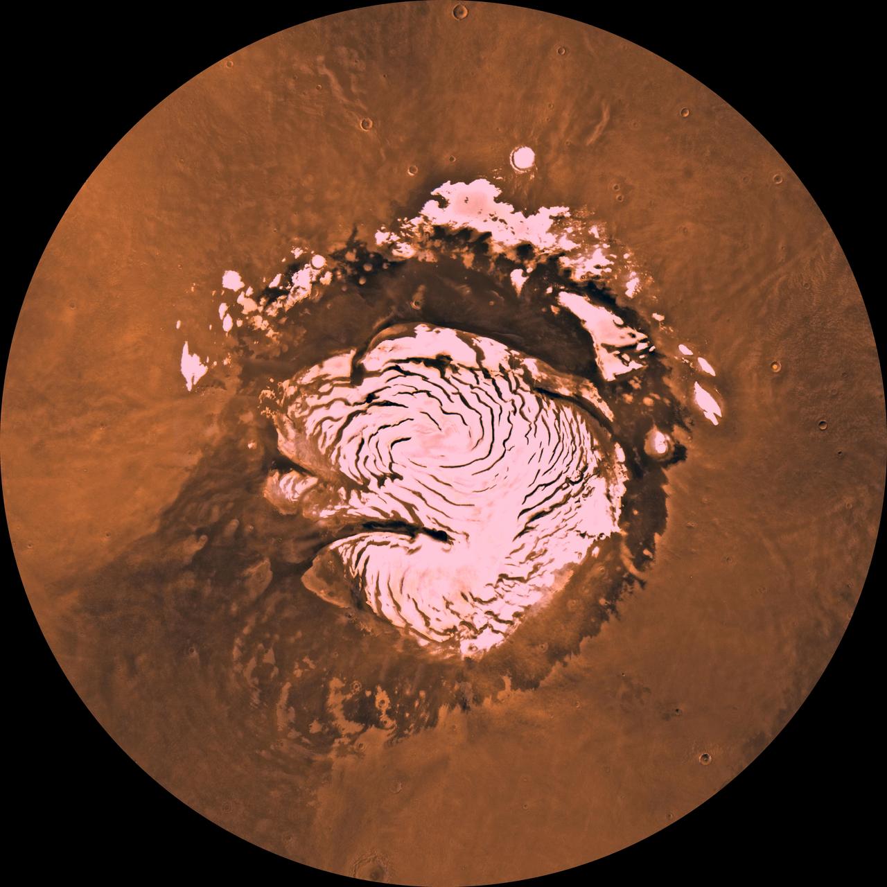 Mars digital-image mosaic merged with color of the MC-1 quadrangle, Mare Boreum region of Mars. This image is from NASA's Viking Orbiter 1.  http://photojournal.jpl.nasa.gov/catalog/PIA00161