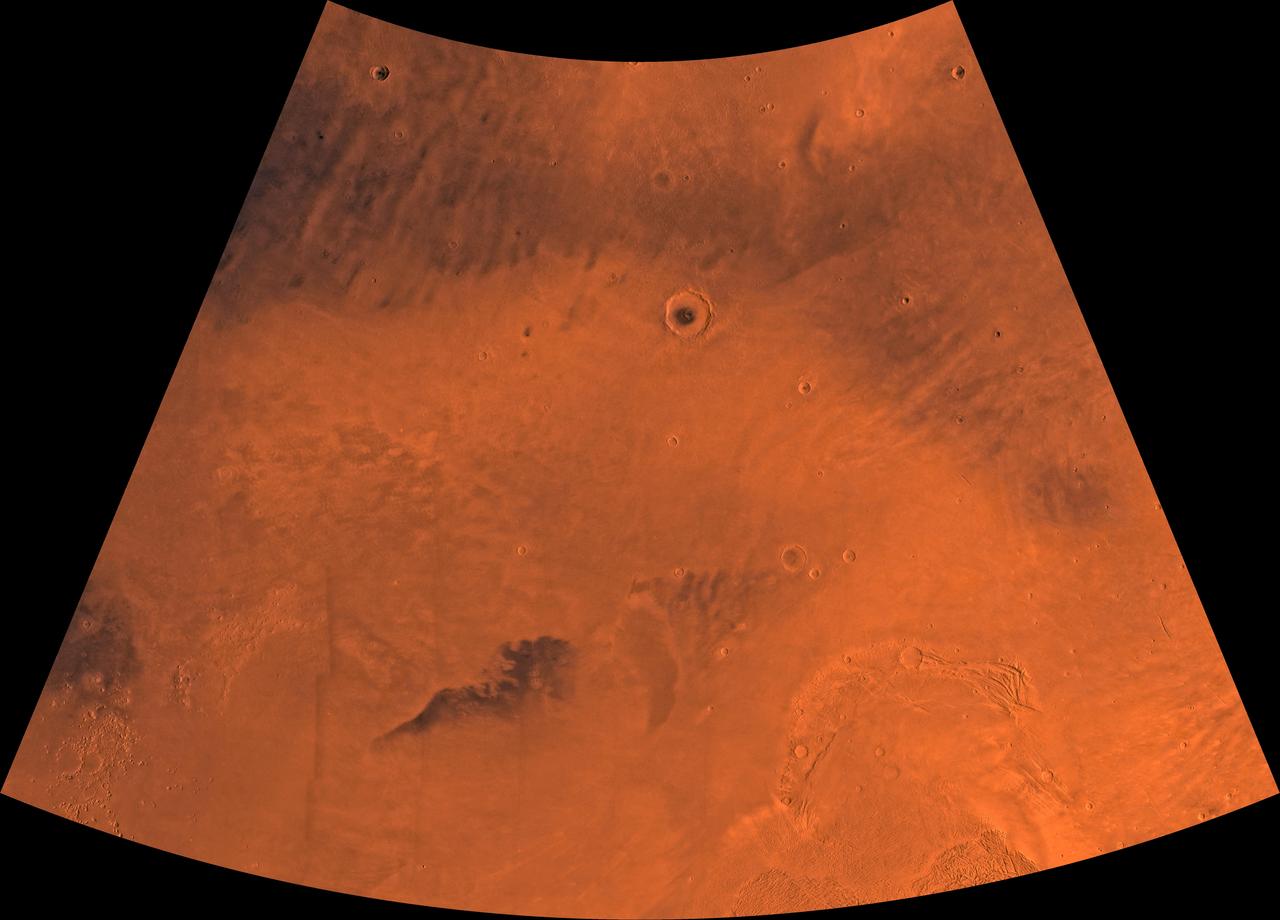 Mars digital-image mosaic merged with color of the MC-2 quadrangle, Diacria region of Mars. This image is from NASA's Viking Orbiter 1. http://photojournal.jpl.nasa.gov/catalog/PIA00162