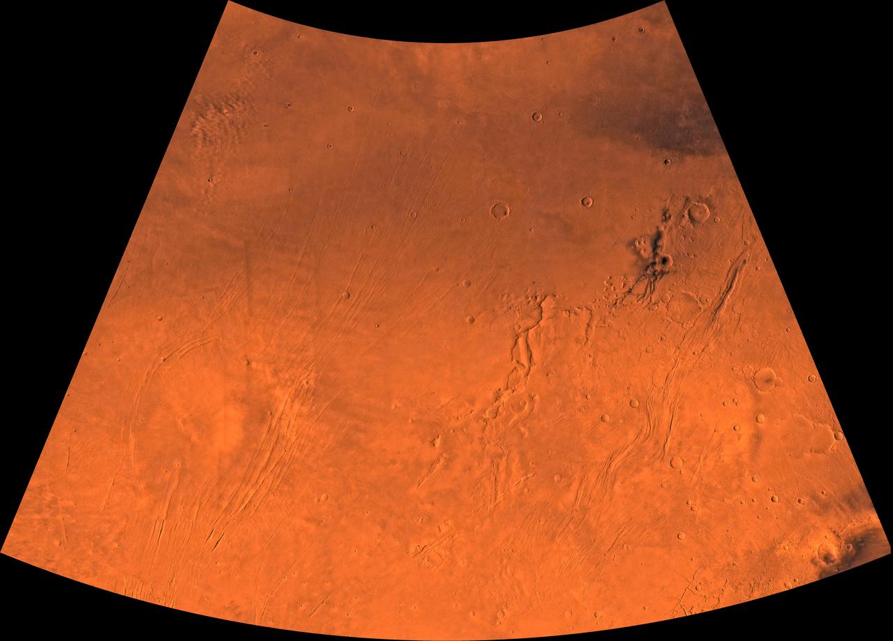 Mars digital-image mosaic merged with color of the MC-3 quadrangle, Arcadia region of Mars. This image is from NASA's Viking Orbiter 1.  http://photojournal.jpl.nasa.gov/catalog/PIA00163