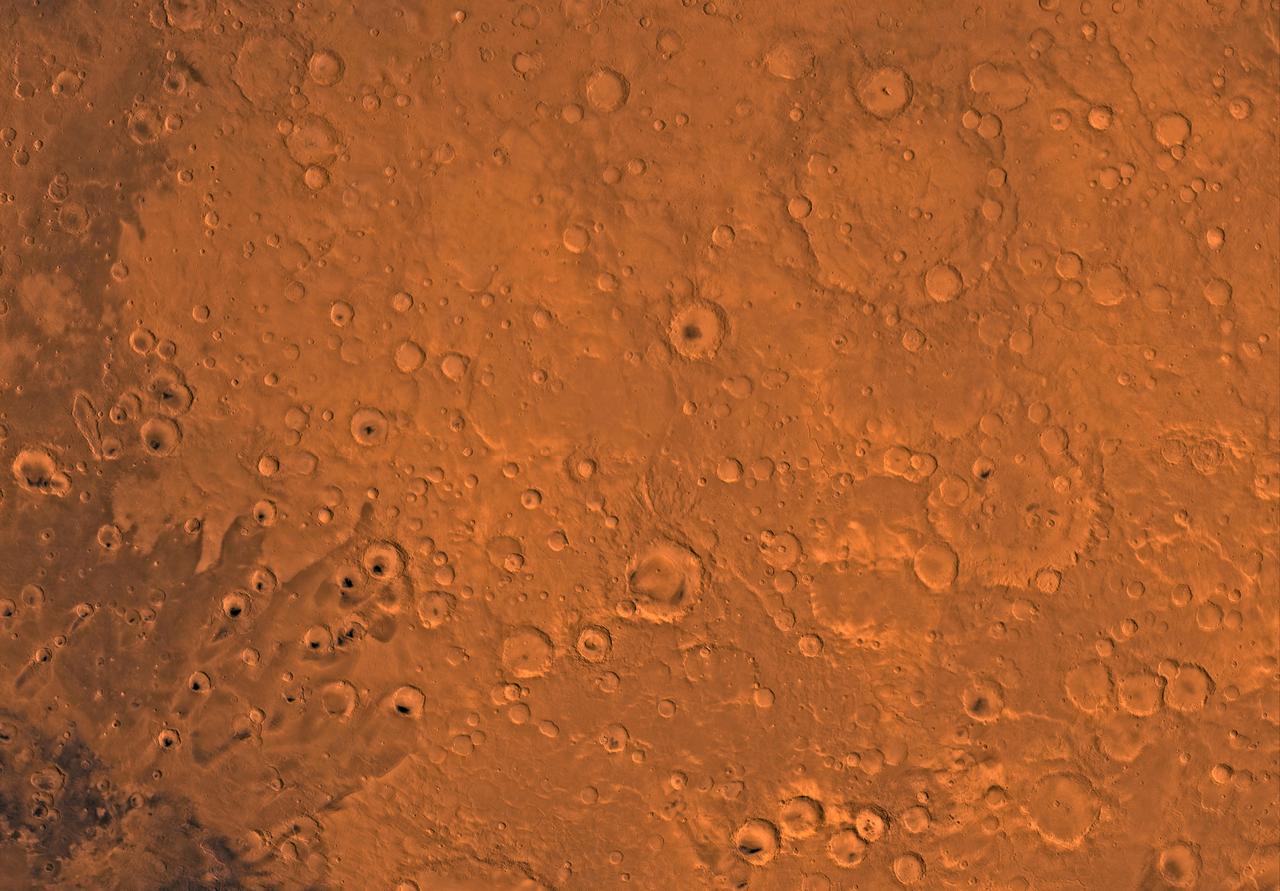 Mars digital-image mosaic merged with color of the MC-12 quadrangle, Arabia region of Mars. This image is from NASA's Viking Orbiter 1. http://photojournal.jpl.nasa.gov/catalog/PIA00172