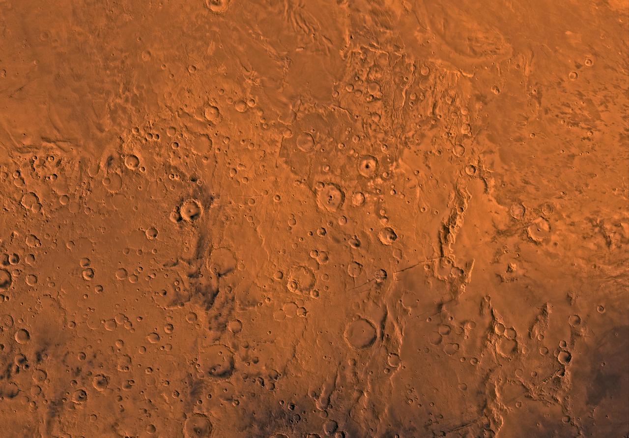 Mars digital-image mosaic merged with color of the MC-16 quadrangle, Memnonia region of Mars. This image is from NASA's Viking Orbiter 1. http://photojournal.jpl.nasa.gov/catalog/PIA00176