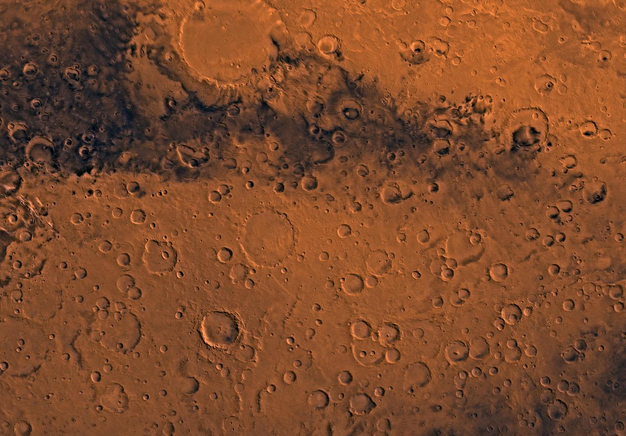 Mars digital-image mosaic merged with color of the MC-20 quadrangle, Sinus Sabeus region of Mars. This image is from NASA Viking Orbiter 1.