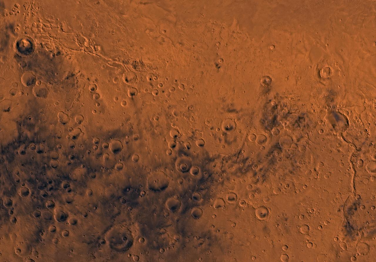 Mars digital-image mosaic merged with color of the MC-23 quadrangle, Aeolis region of Mars. This image is from NASA Viking Orbiter 1.