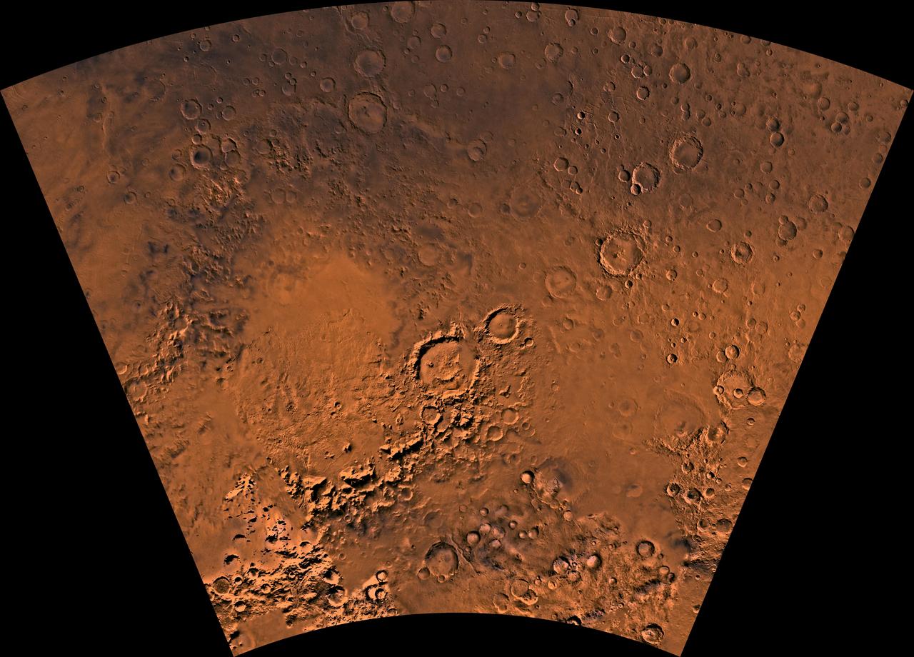 Mars digital-image mosaic merged with color of the MC-26 quadrangle, Argyre region of Mars. This image is from NASA Viking Orbiter 1.