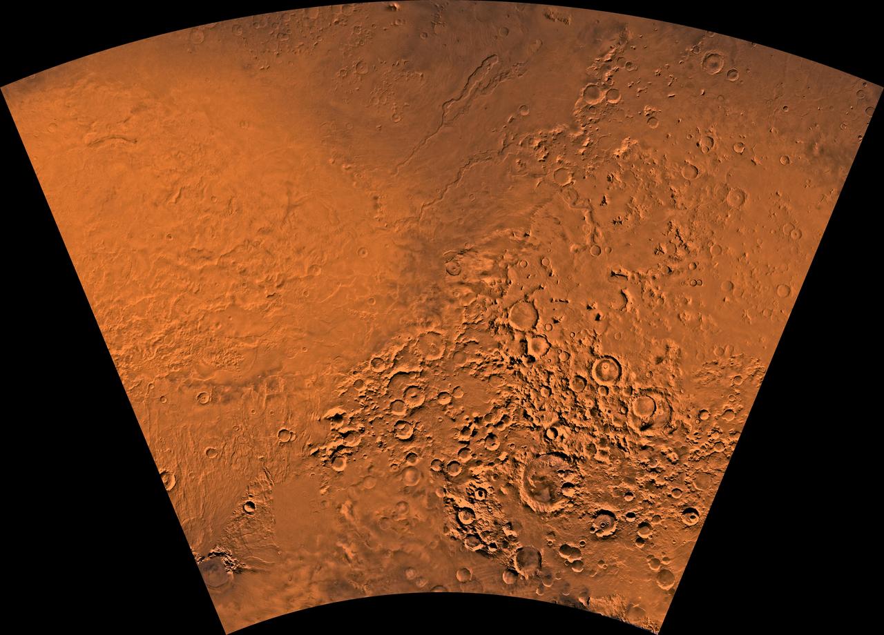 Mars digital-image mosaic merged with color of the MC-28 quadrangle, Hellas region of Mars. This image is from NASA Viking Orbiter 1.